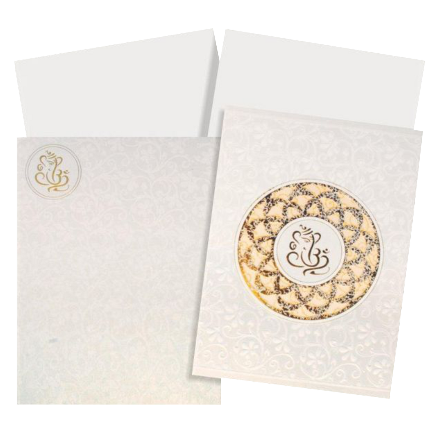 This wedding card is a designer card with a pristine white shading. This card has flower theme all around it in white shading. A Ganesha is placed at the centre with gold foiling laser cut flower design surrounding it. This wedding card has a fold-able single insert with a box type cover. The insert can be made into two inserts if needed. Make your wedding awesome with this card. Get in touch with us to know more.