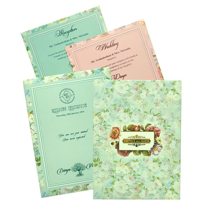 Make a statement with our premium wedding invitations, featuring bold colors and striking visual elements. This invite features a bouquet of pink roses in the centre of the main card.