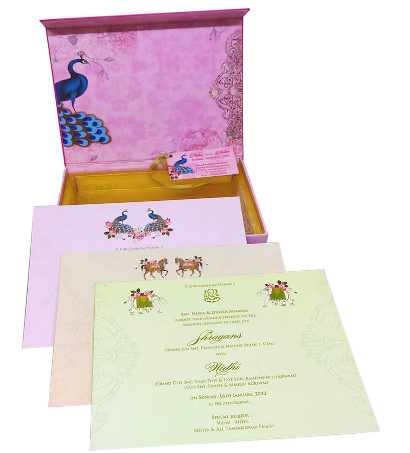 Each detail of our premium luxury box invitation cards is meticulously crafted for perfection. This invite features a floral print in offset with peacocks and a touch of gold foiling designs.