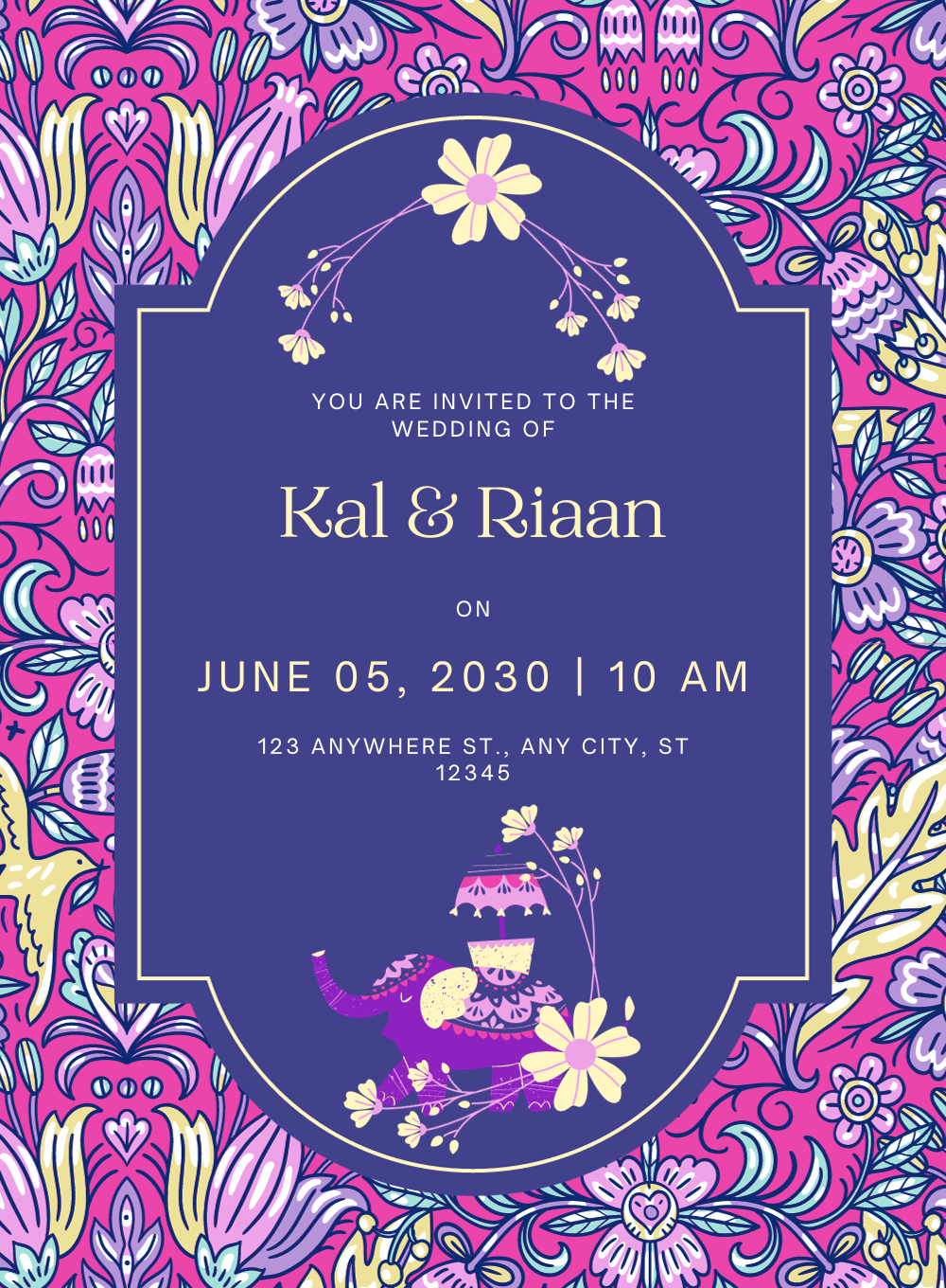 Pink and Navy Blue Floral Wedding Invitation-EINK0045