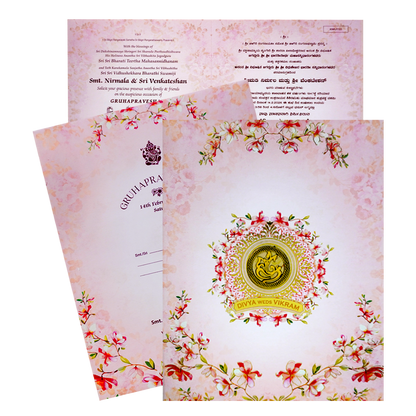 Selling Pink floral print envelope with sticker and acrylic nameplate invitation card online. Buying invitation cards made easy with King of Cards! &amp;