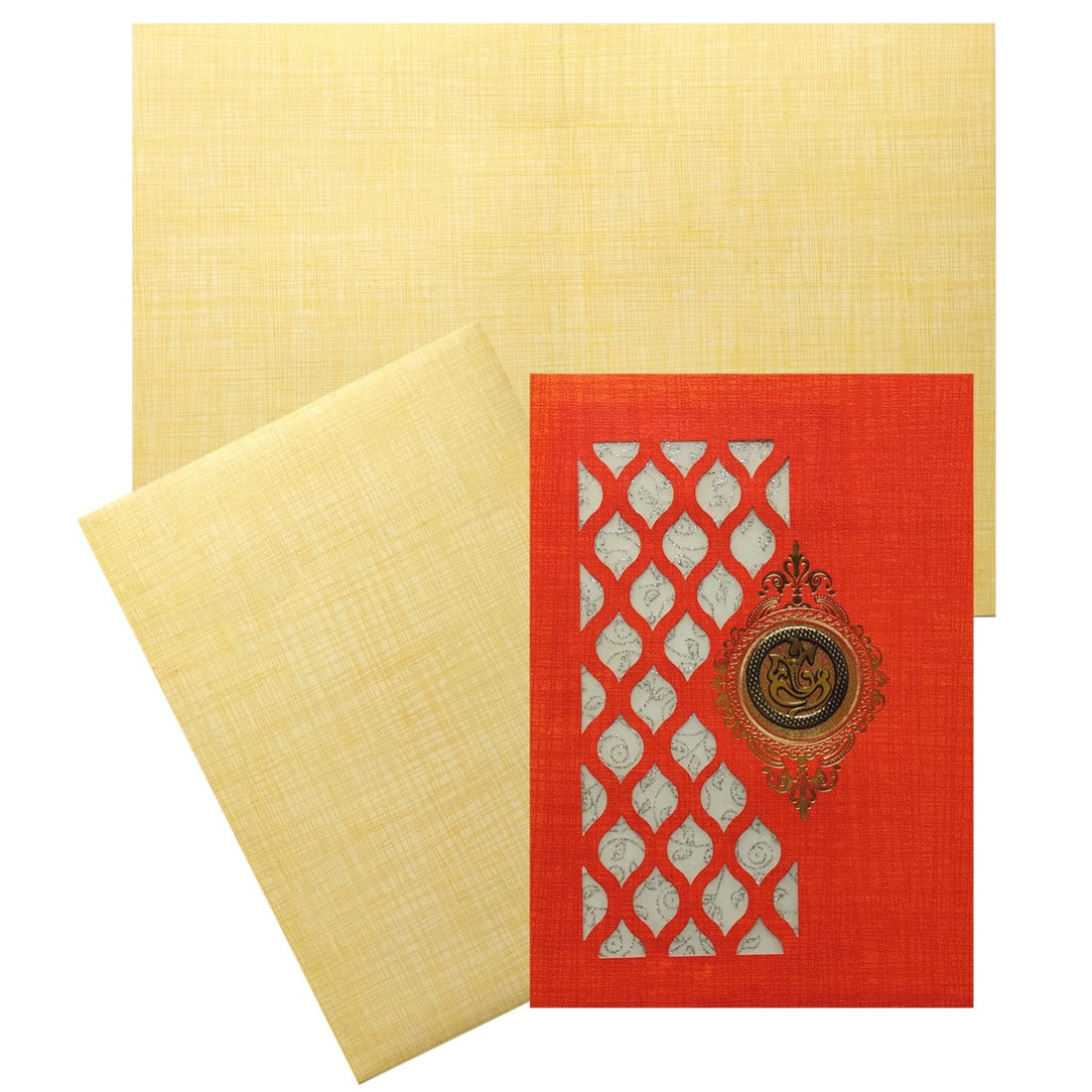 Red Metallic Die Cut Wedding Card With Ganesha Sticker-KNCM801R