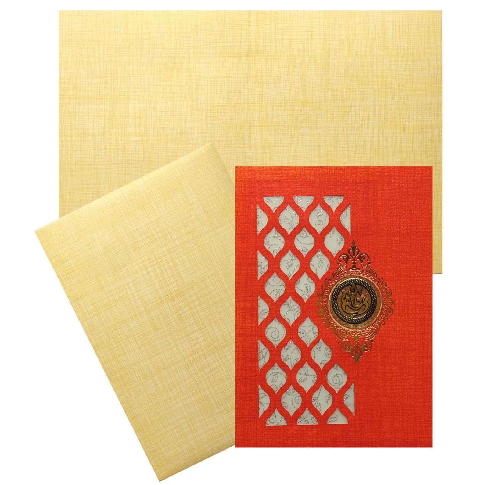 Red Metallic Die Cut Wedding Card With Ganesha Sticker-KNCM801R