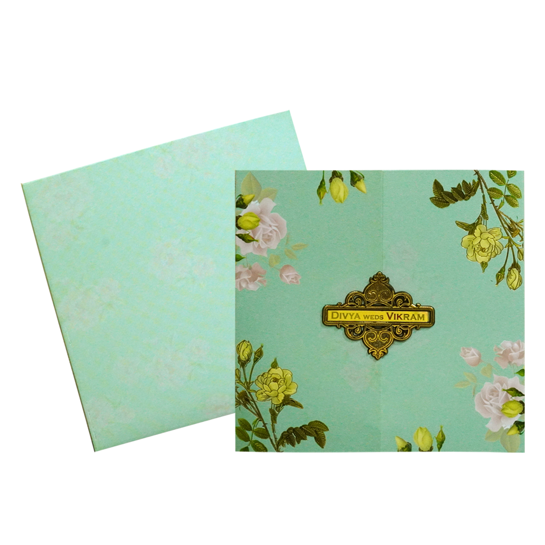 Green Floral Nameplate Wedding Card-KNKD8104