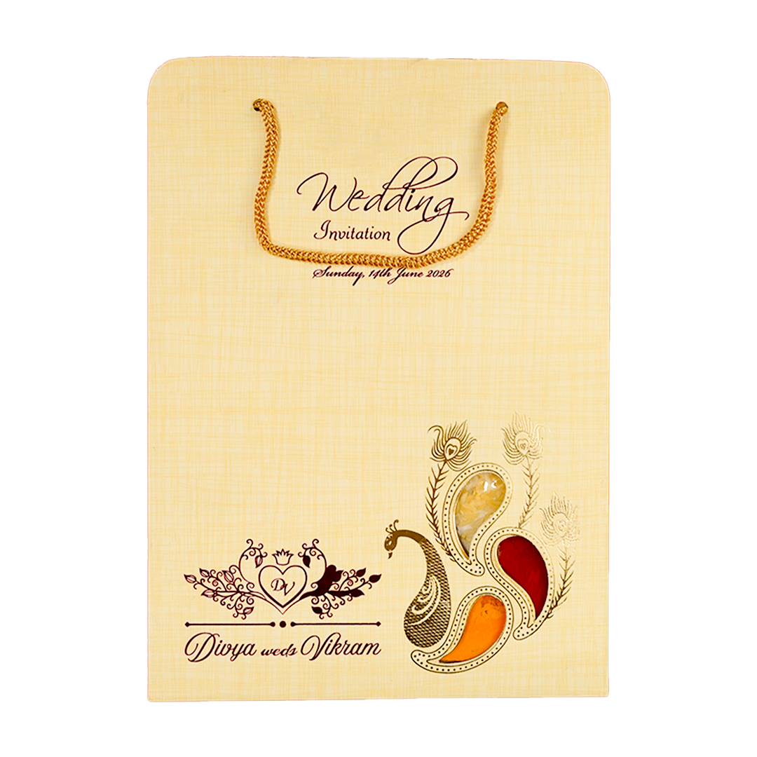 Yellow Peacock Feather Padded Wedding Card-KNPS9516Y