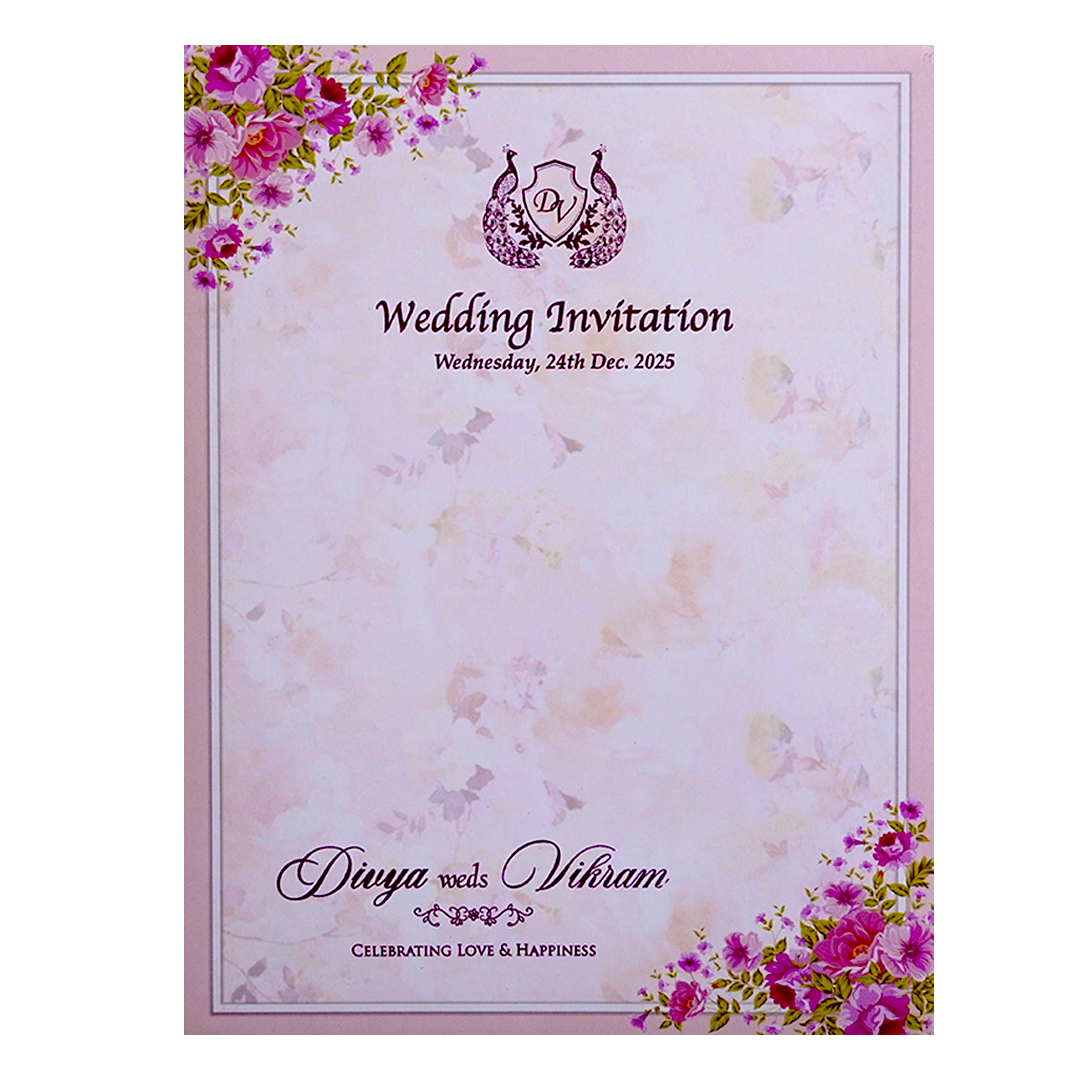 Rose Color Classic Floral Offset Wedding Card-KNKC4032