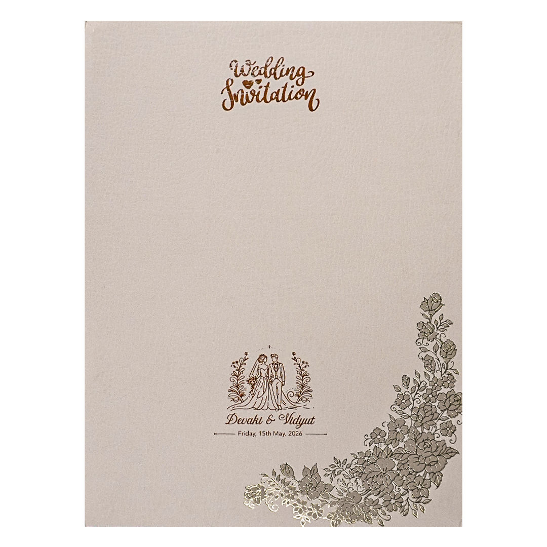 Cream Gold Floral Jaali Padded Wedding Card-KSSC2340