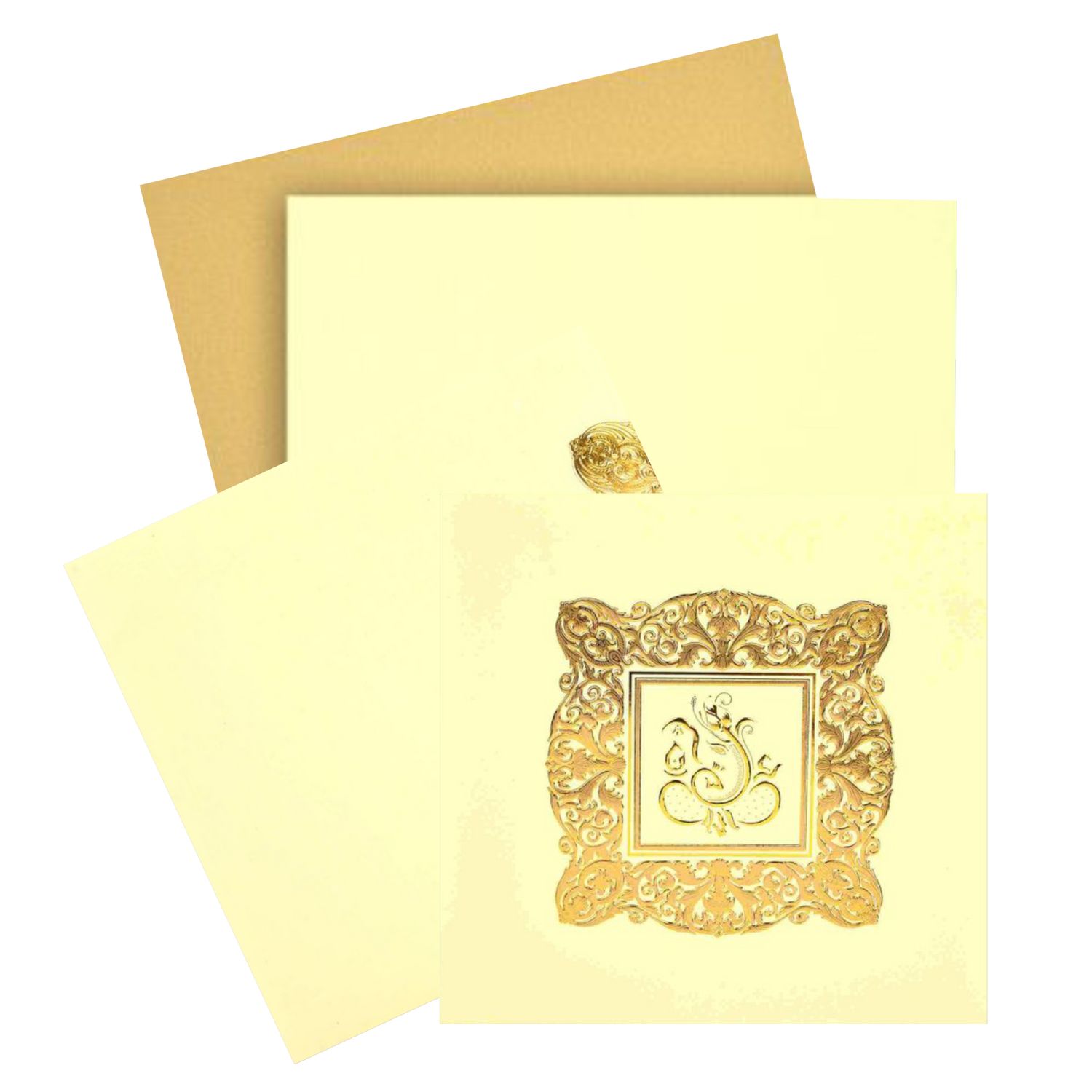 Gold Foiling Ganesha with gold foiling imprinted at the centre makes the card more lovely and terrific. This Ganesha design is embossed with gold foiling floral border all around it. This card is in cream shading. As a standard offering, this card has two inserts with different shading. This card has equal orientation. This card has a traditional opening. Make your wedding alluring with this ard. Minimum quantity per order is 100.