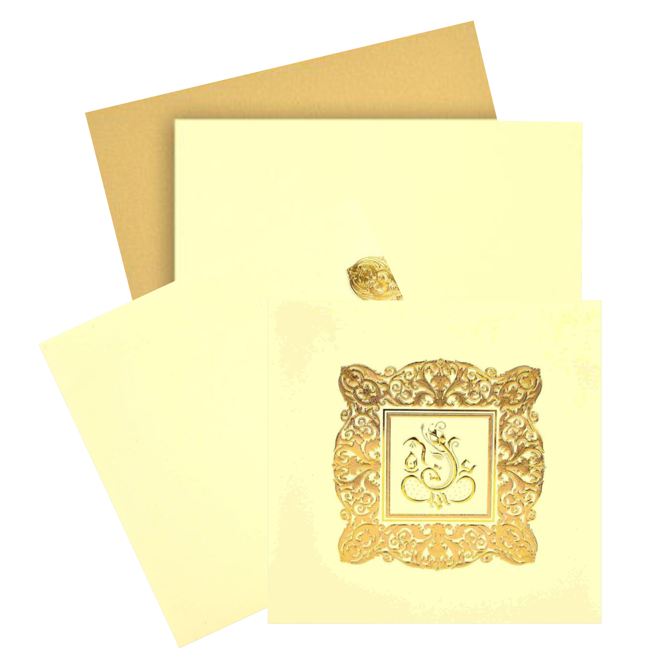 Gold Foiling Ganesha with gold foiling imprinted at the centre makes the card more lovely and terrific. This Ganesha design is embossed with gold foiling floral border all around it. This card is in cream shading. As a standard offering, this card has two inserts with different shading. This card has equal orientation. This card has a traditional opening. Make your wedding alluring with this ard. Minimum quantity per order is 100.
