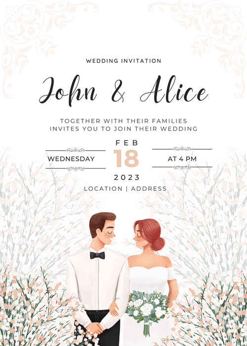 White Floral Caricature Wedding Invitation-AACAR001