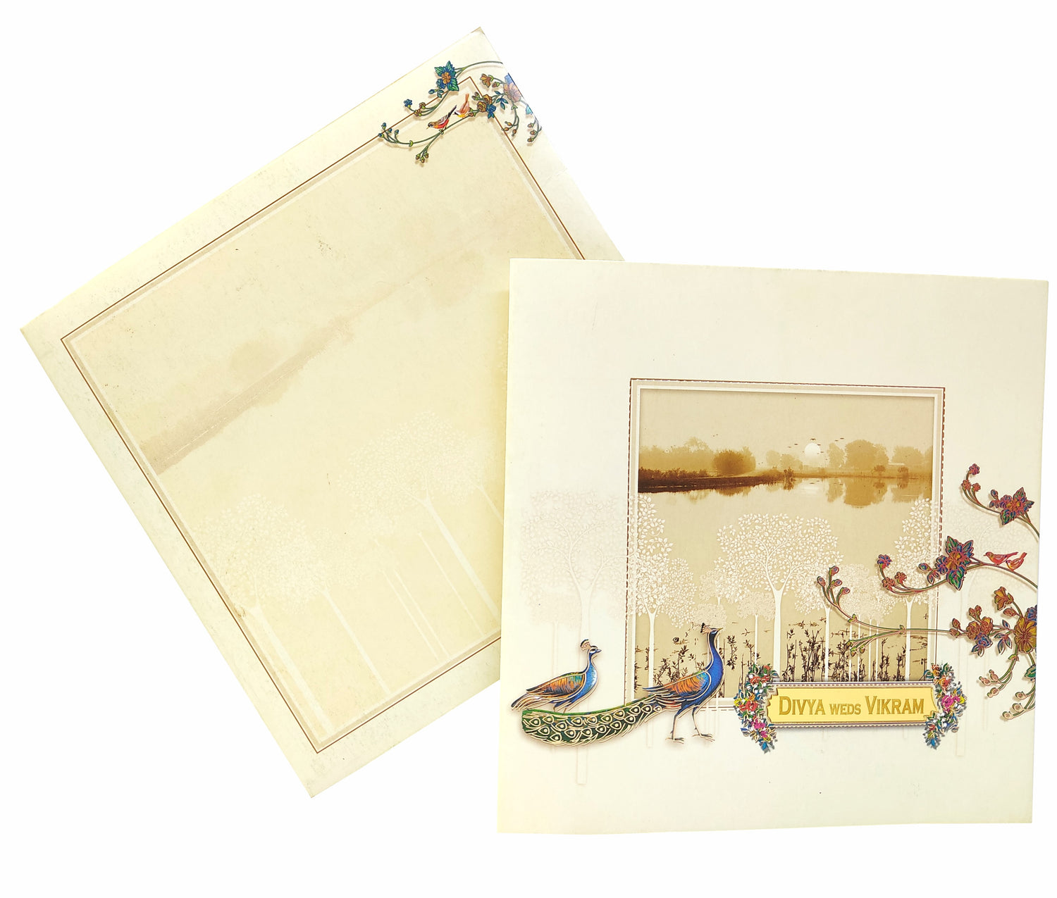 Cream Offset Scenery With Peacock Invitation Card-KNSN6702C