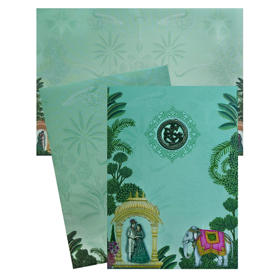 Green Bride and Groom Wedding Card featuring ganesha sticker, plants and an elephant motif. It also includes folded insert sheet and an envelope. Shop now! ?WhatsApp Support ?Express Delivery.