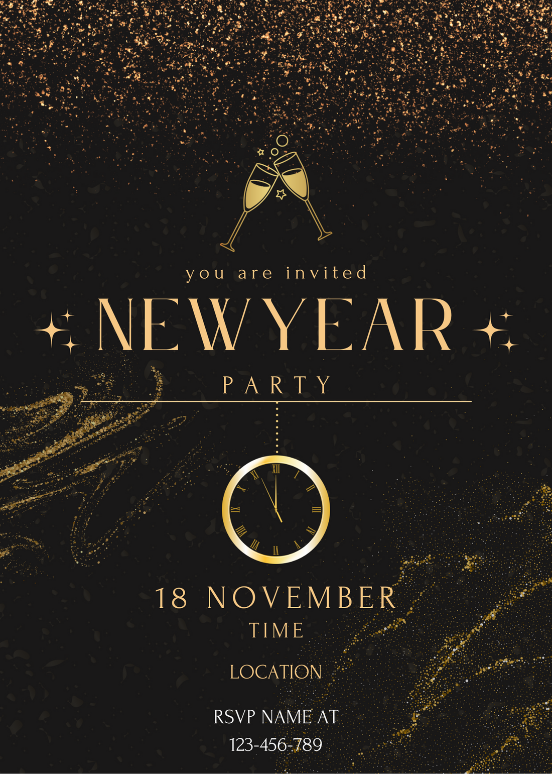 Black With Gold Glitter New Year Party Invitation-AANYI004