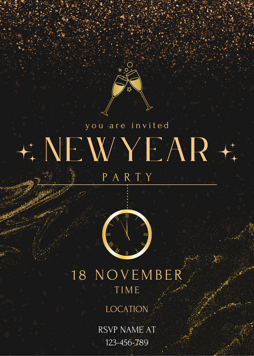 Black With Gold Glitter New Year Party Invitation-AANYI004