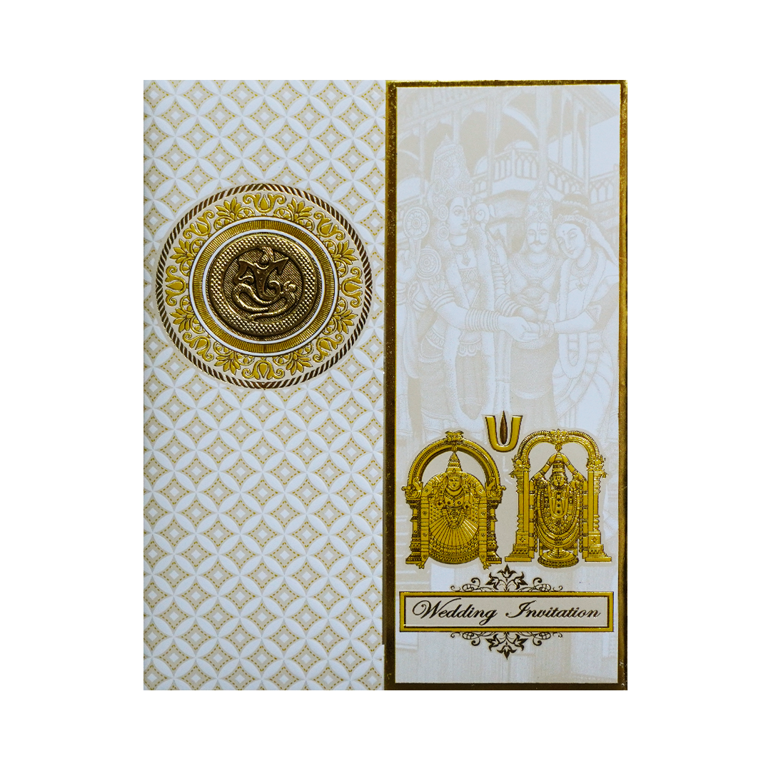 White Embossed Balaji Padmavati Wedding Card-KNK7074W