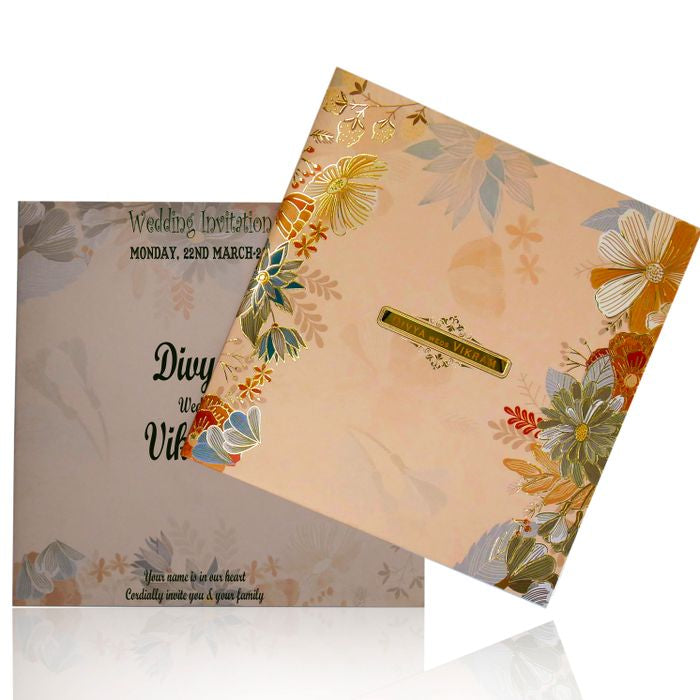 Orange Offset Floral Wedding Card With Name Plate and Gold Foiling-KNBY5405-King of Cards