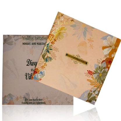 Orange Offset Floral Wedding Card With Name Plate and Gold Foiling-KNBY5405-King of Cards