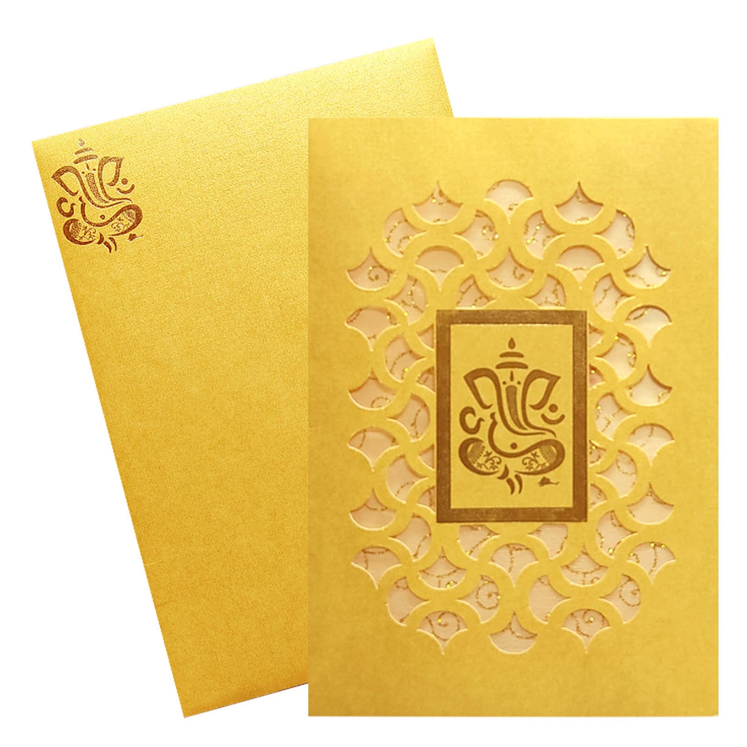 Gold Die Cut Floral Invitation Card With Ganesha-KNCW17GG