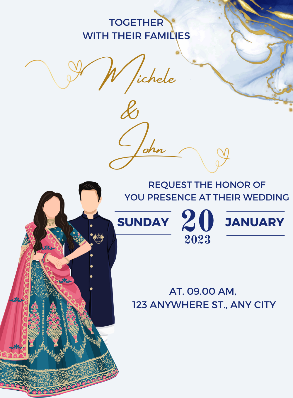 Navy Blue Blush Caricature Wedding Invitation-AACAR005