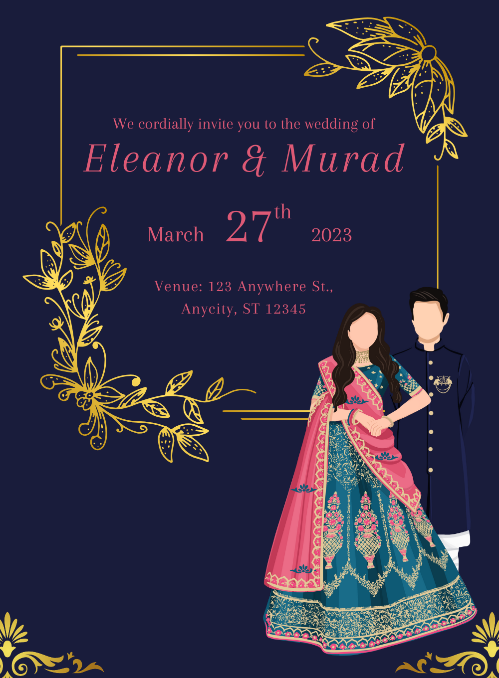 Navy Blue Watercolor Caricature Wedding Invitation-AACAR006