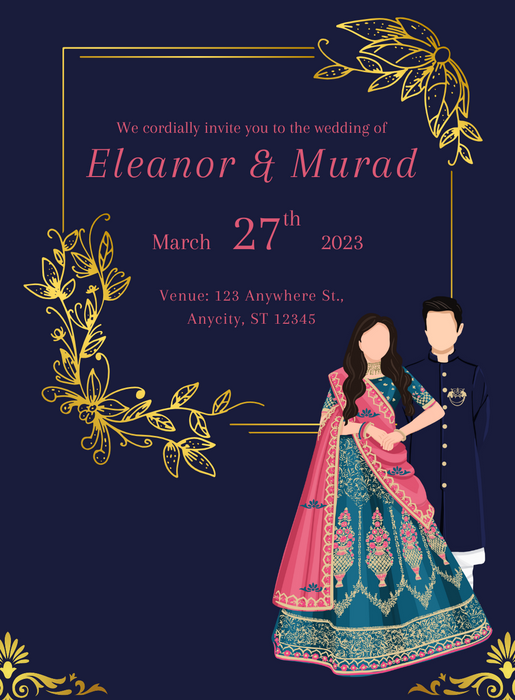 Navy Blue Watercolor Caricature Wedding Invitation-AACAR006