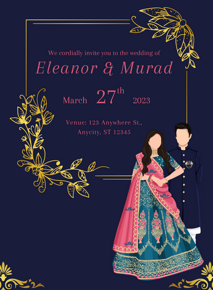 Navy Blue Watercolor Caricature Wedding Invitation-AACAR006