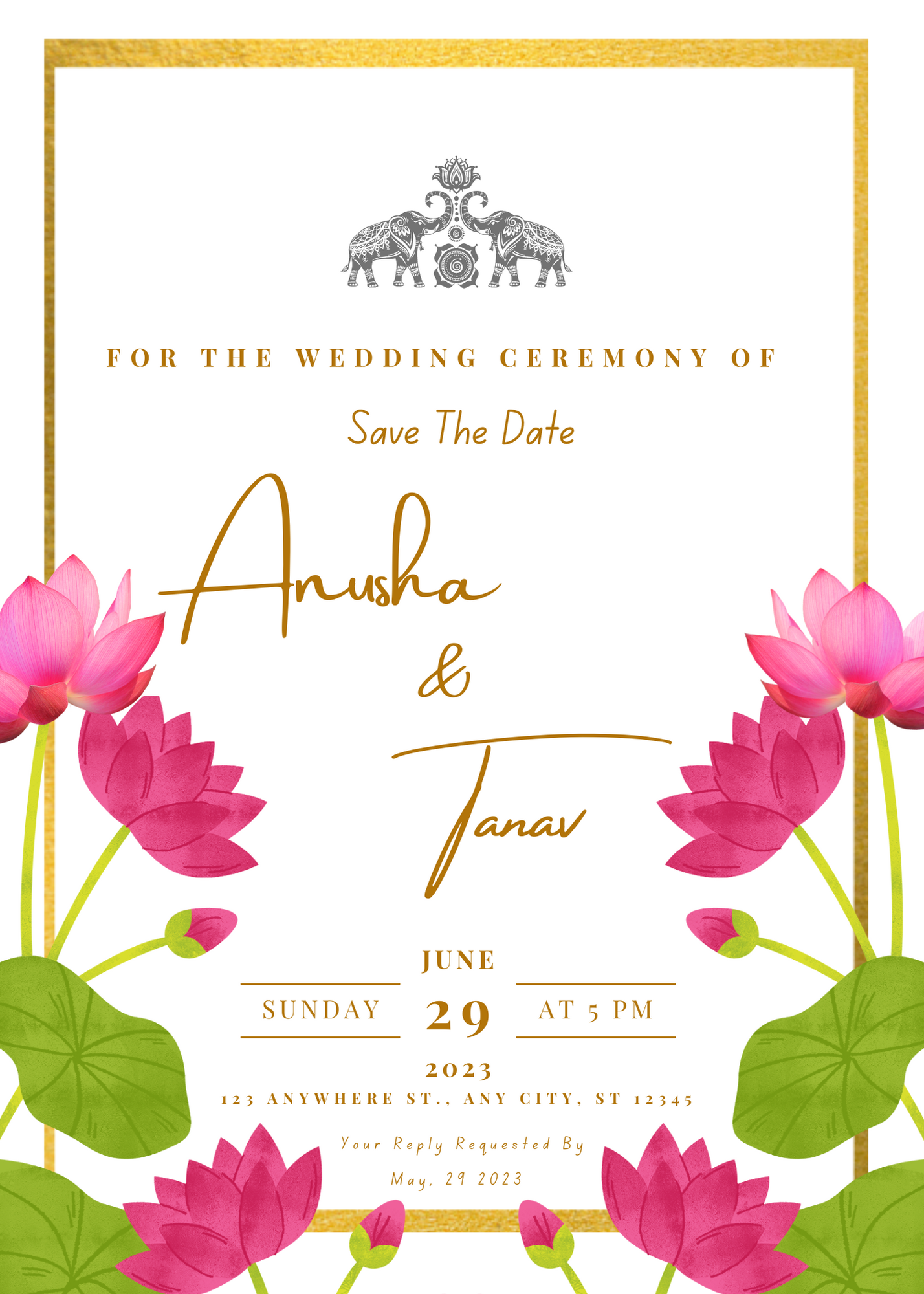 Gold Border Lotus Elegant Wedding Invitation-EINK0004