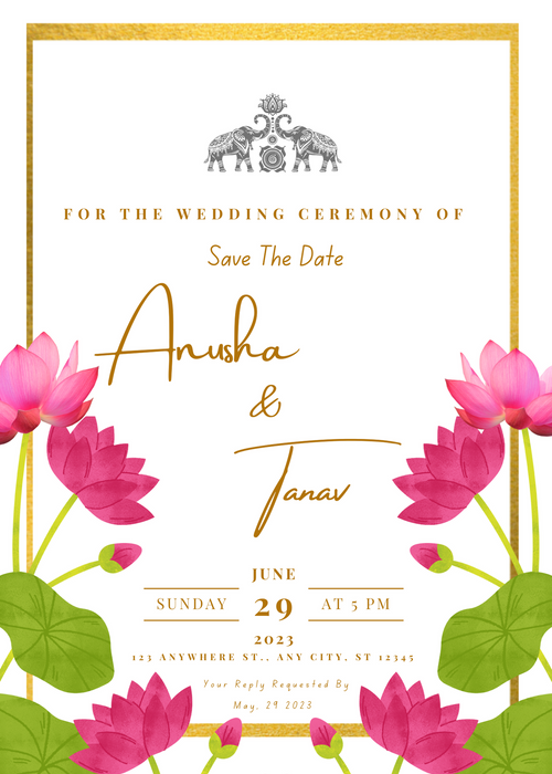 Gold Border Lotus Elegant Wedding Invitation-EINK0004