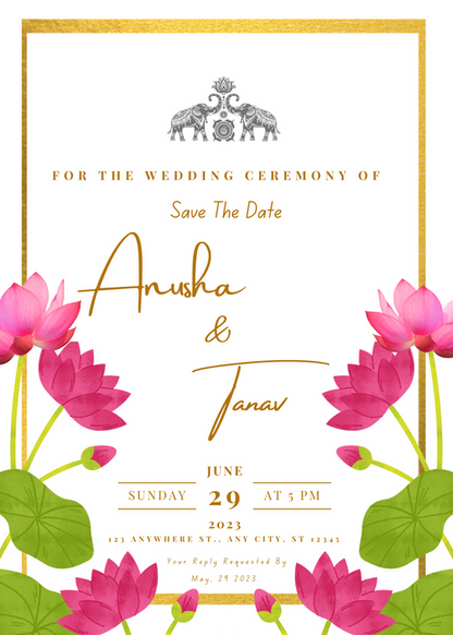Gold Border Lotus Elegant Wedding Invitation-EINK0004