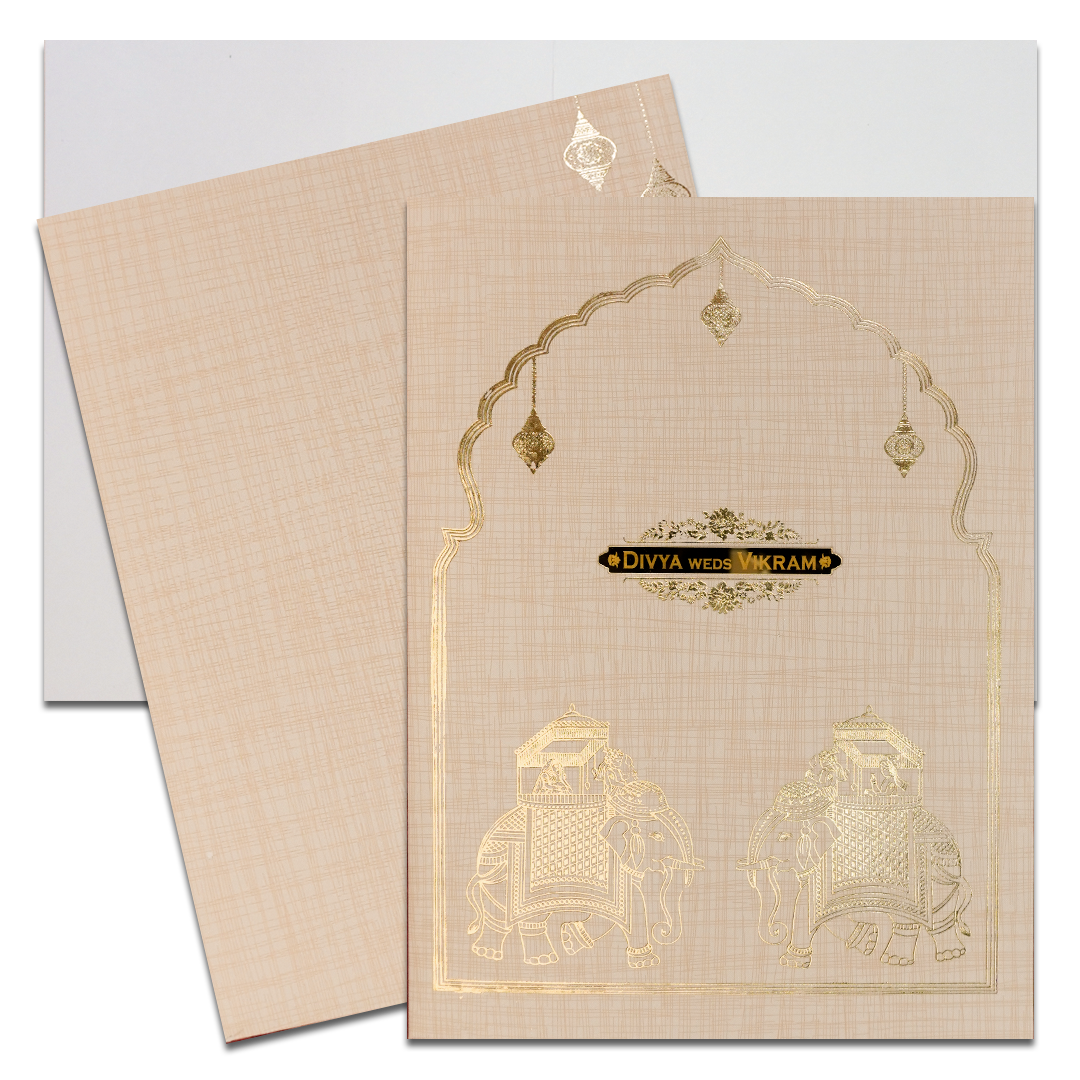 Cream Gold Arch Elephant Wedding Card-KNK7083S