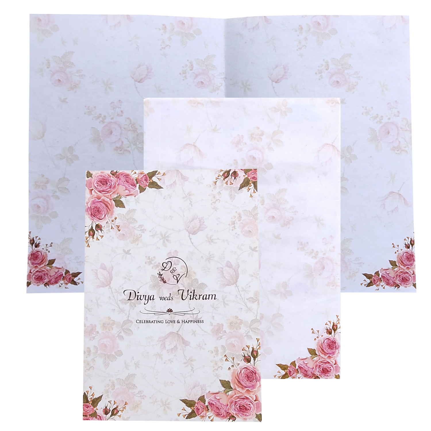 Pink personal invitation p with floral print at the borders in gold foiling.