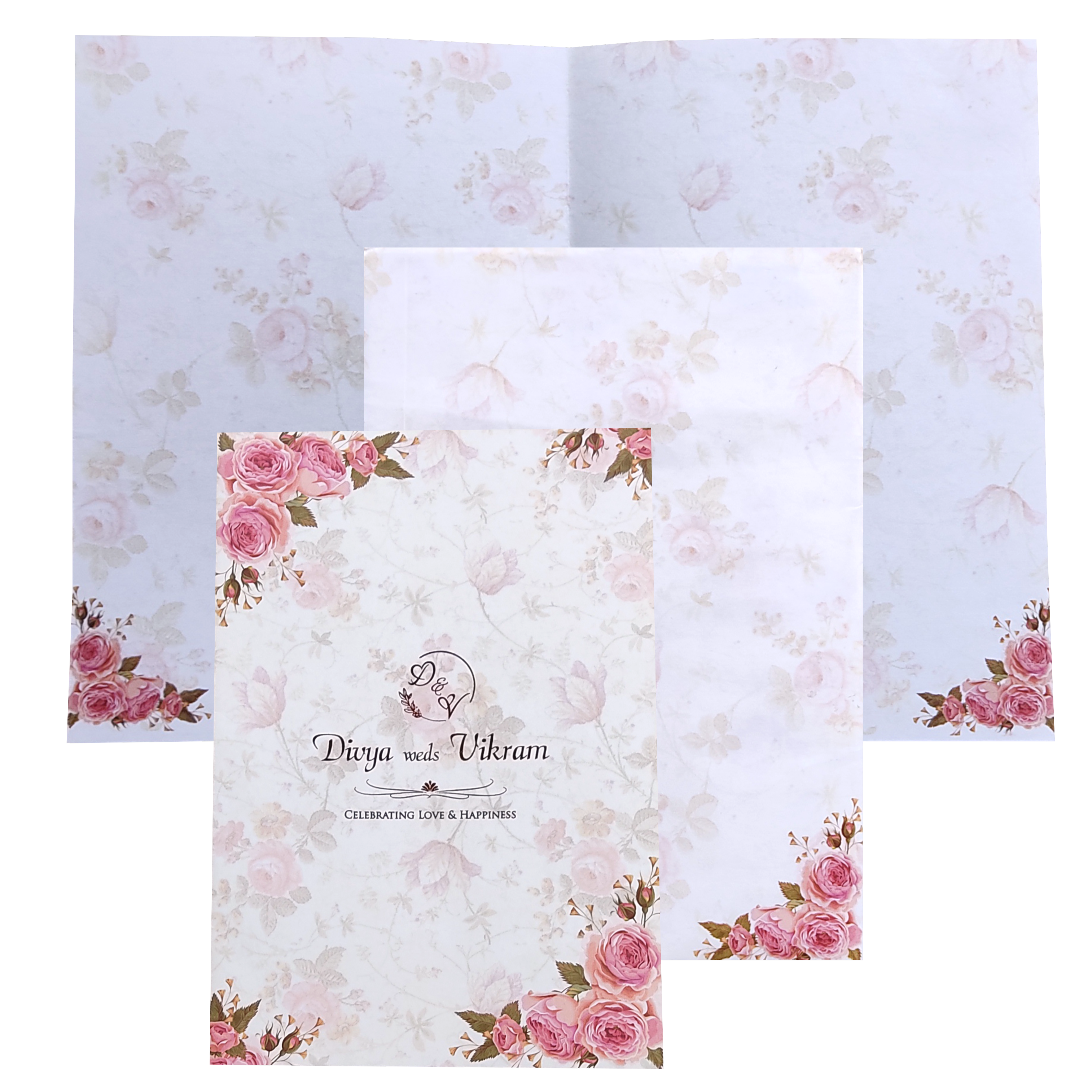 Pink personal invitation p with floral print at the borders in gold foiling.