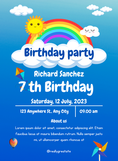 Blue Rainbow Kids Birthday Invitation-AAKBI015