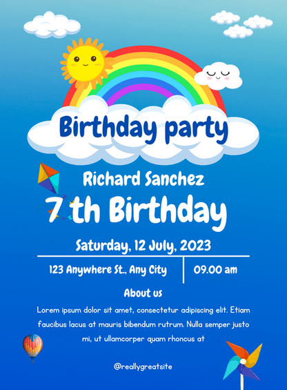 Blue Rainbow Kids Birthday Invitation-AAKBI015