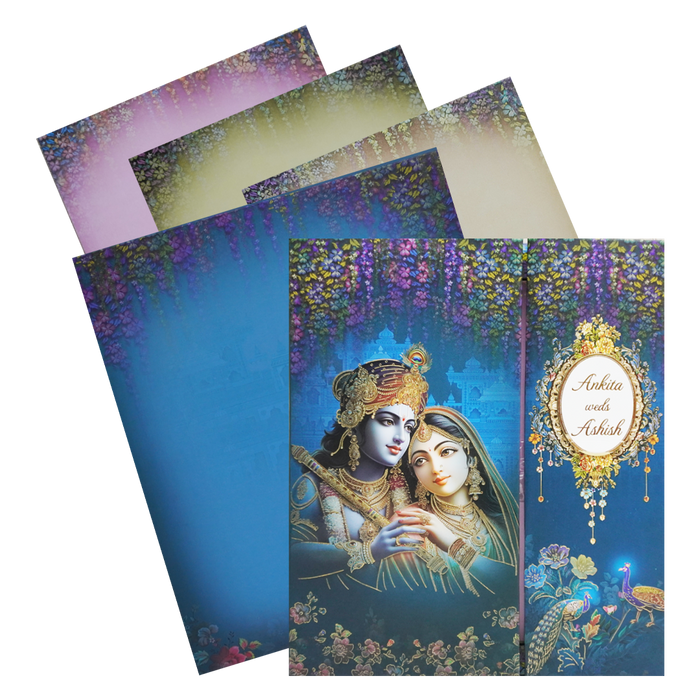 Blue Radha Krishna Padded Wedding Card-King of Cards