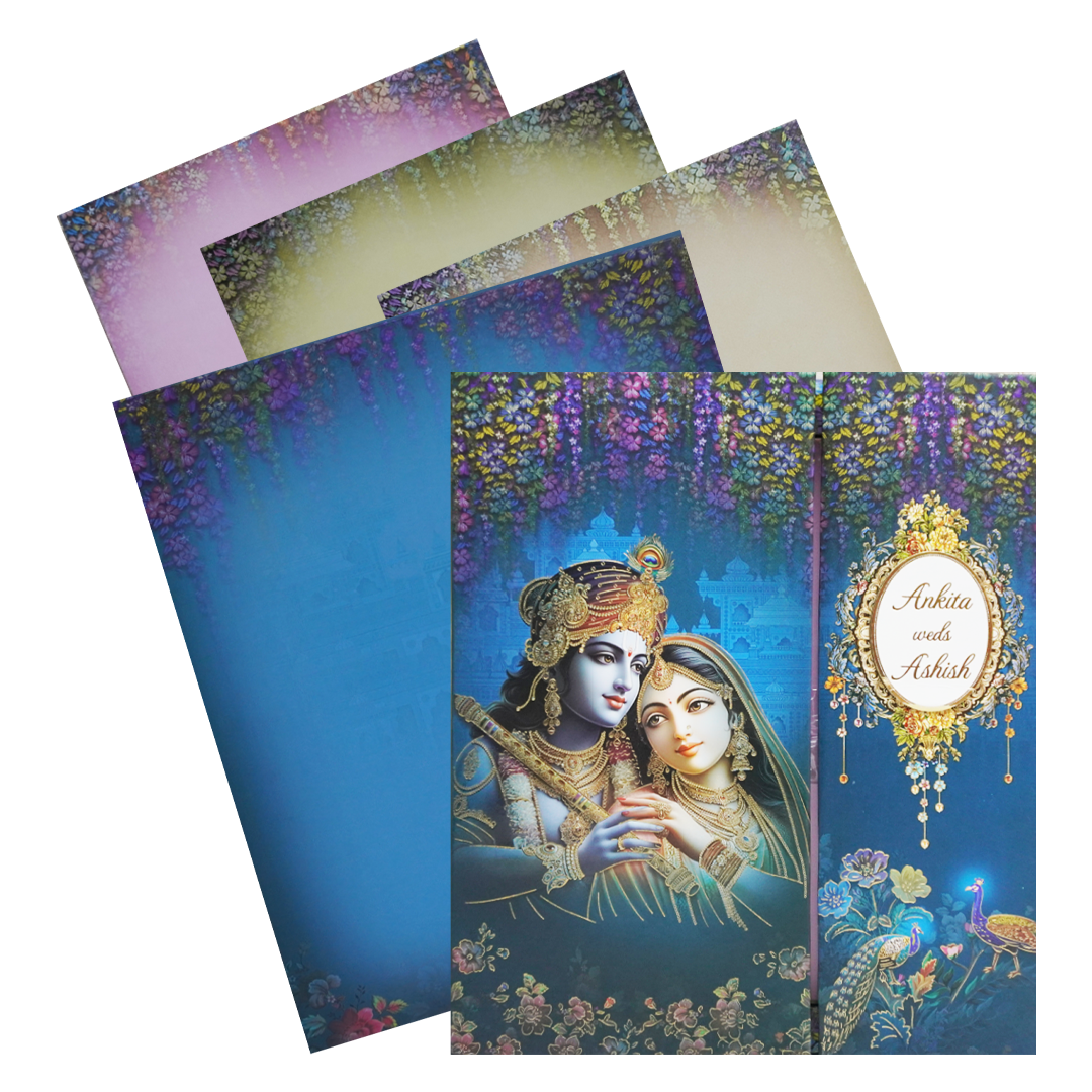 Celebrate in style with customized Blue Radha Krishna Padded Wedding Card. Order now! ?WhatsApp Support ?Express Delivery.