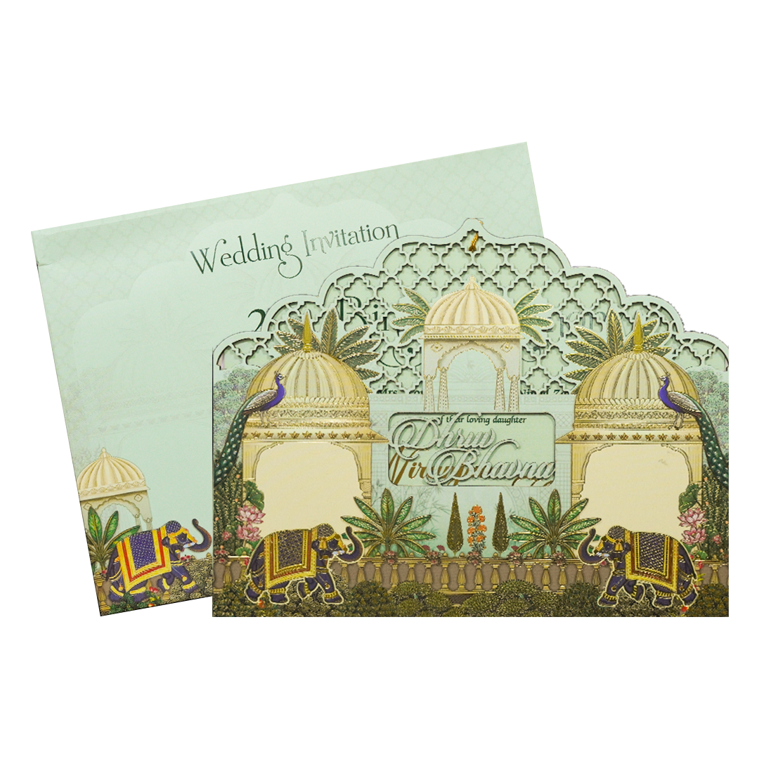 Green Palace Elephant Laser-Cut Wedding Card-KSH72920
