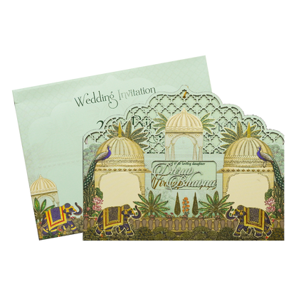 Green Palace Elephant Laser-Cut Wedding Card-KSH72920