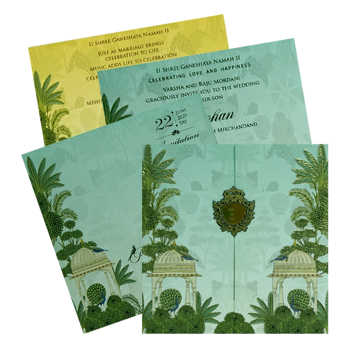 Green Peacock Door Wedding Invitation-King of Cards
