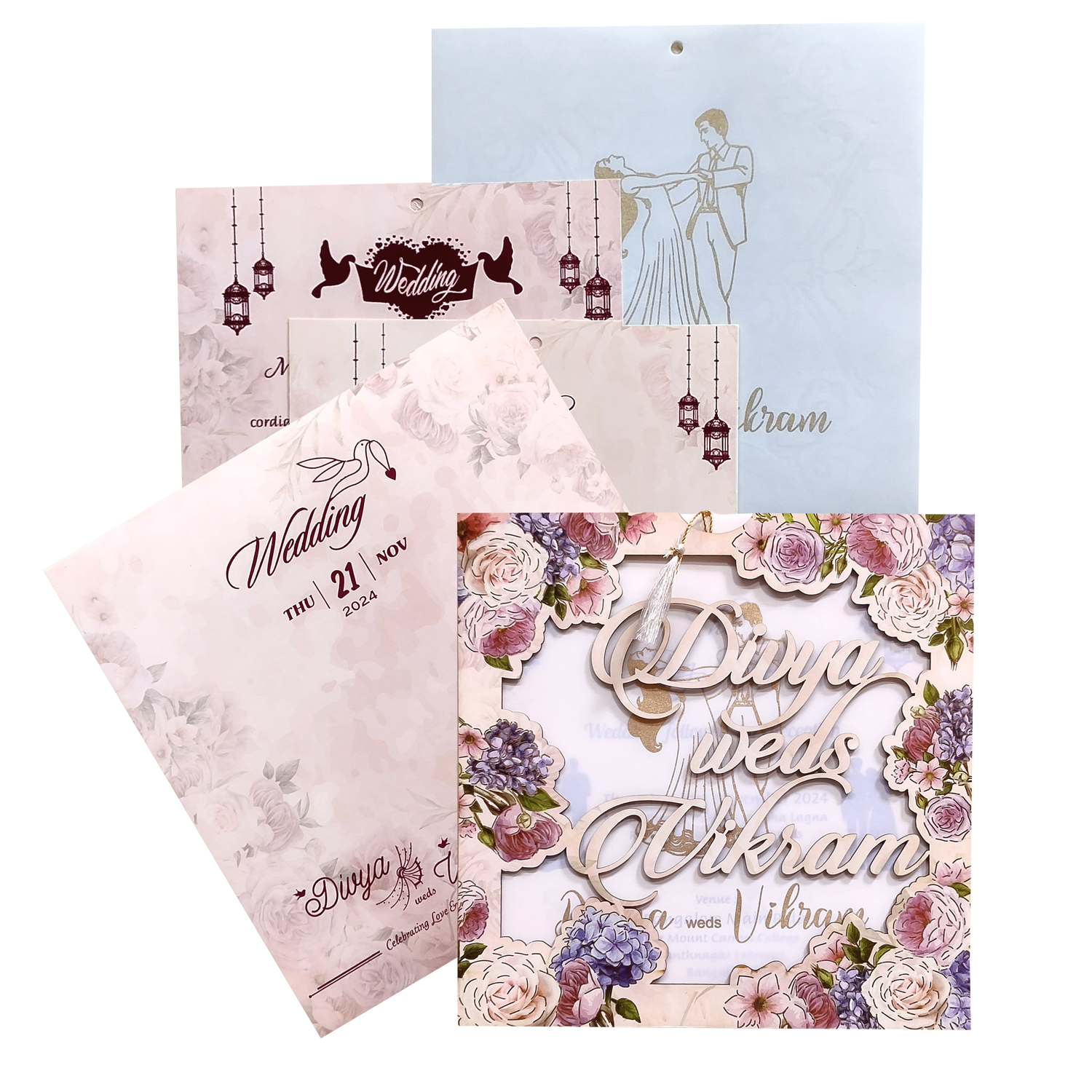 Peach Floral MDF Laser Cut Wedding Card-KNPL5804