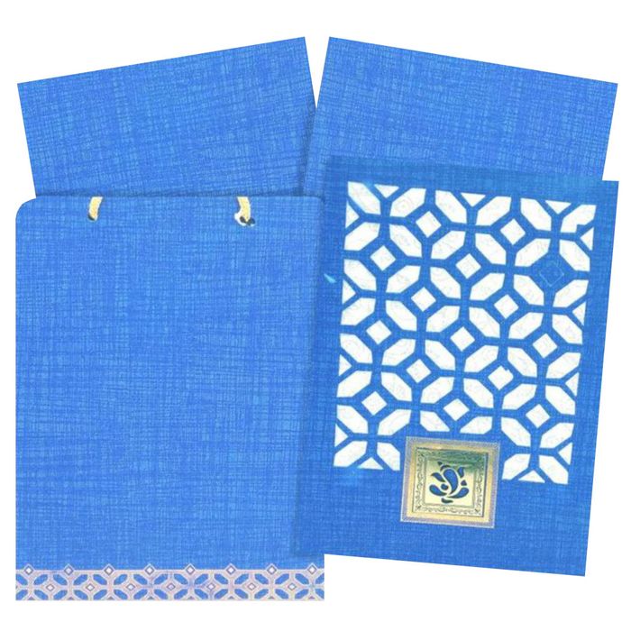 Blue traditional invitation card with white wolly also features a square Ganesha at the bottom of the main card.