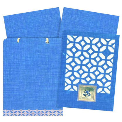 Blue traditional invitation card with white wolly also features a square Ganesha at the bottom of the main card.