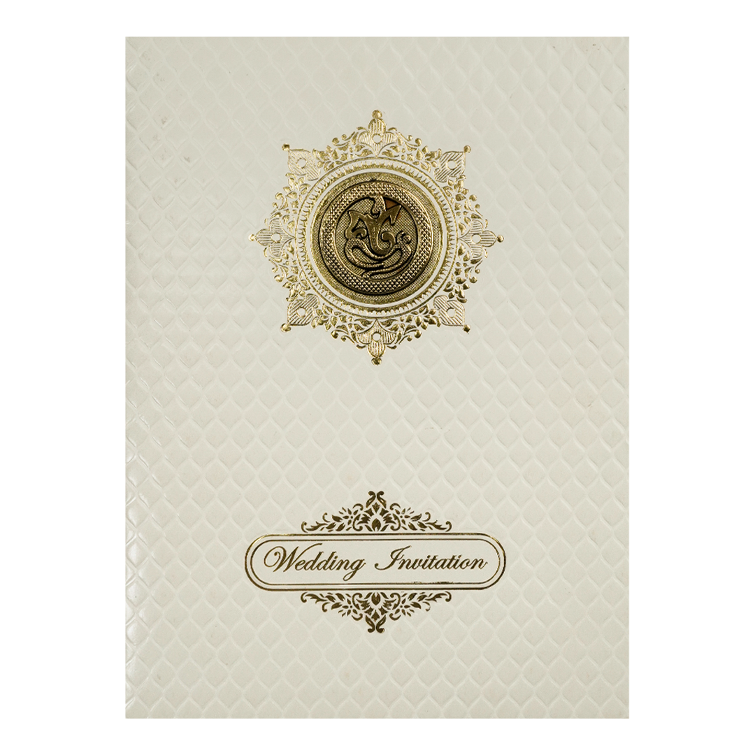 White Embossed Gold Ganesha Wedding Card-KNK7056W