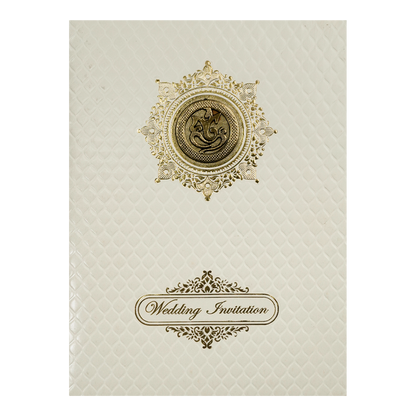 White Embossed Gold Ganesha Wedding Card-KNK7056W