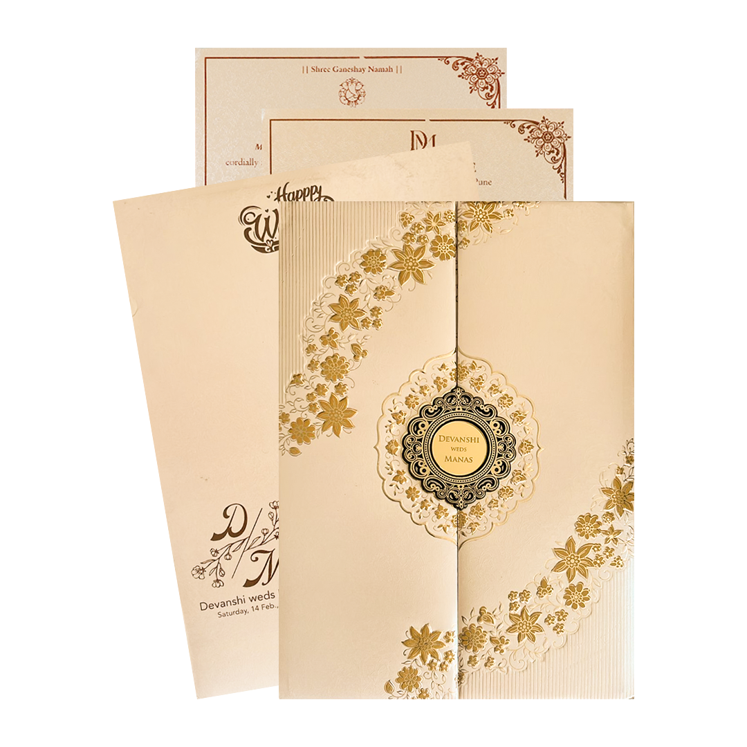 Check out Gold Floral Padded Wedding Card at best price. ✅WhatsApp Support ✅Express Delivery.|King of cards.