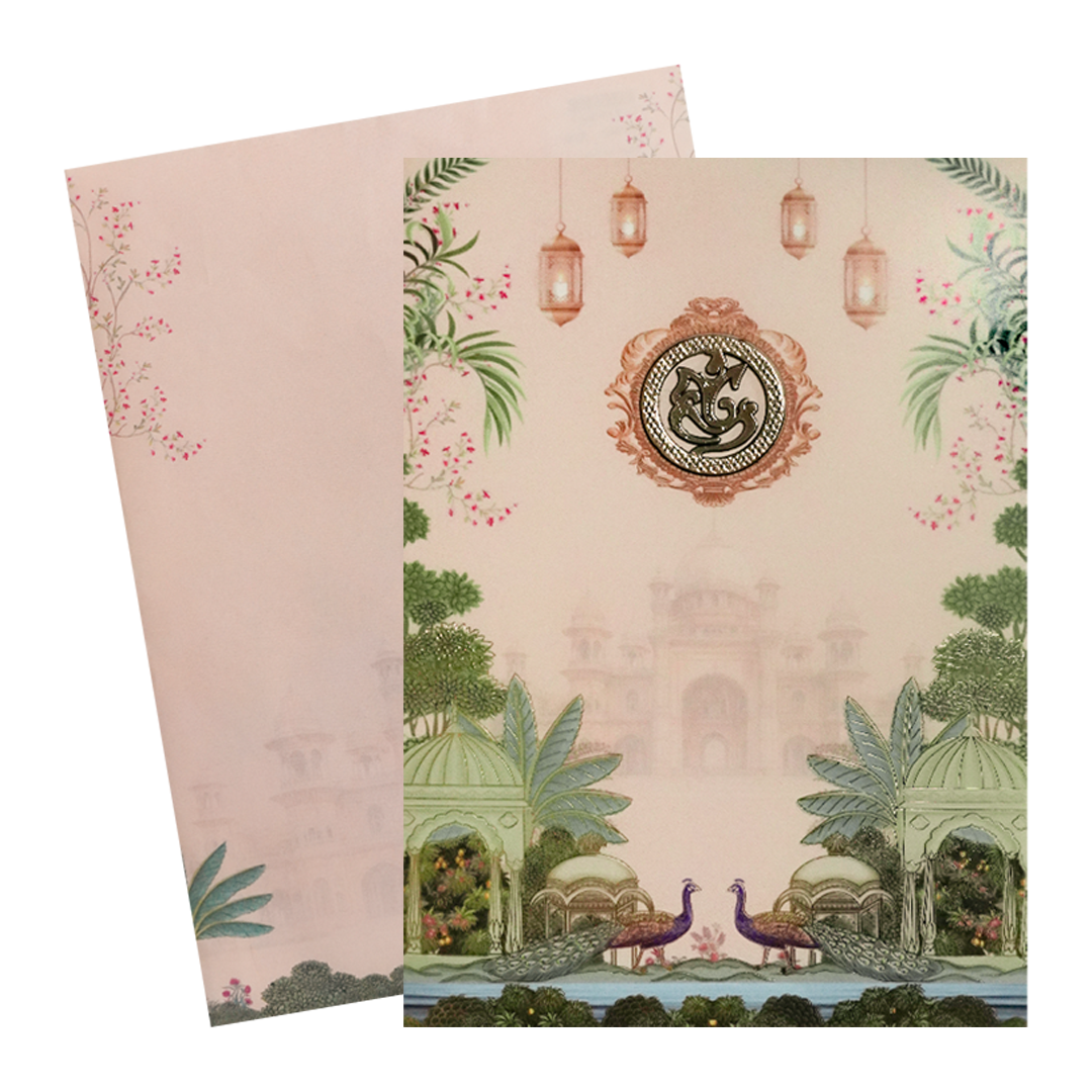 Pink Ganesha Peacock Palace Wedding Card-KNEP1613