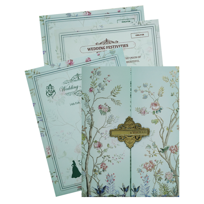 Blue Floral Design Wedding Invitation Card-King of Cards