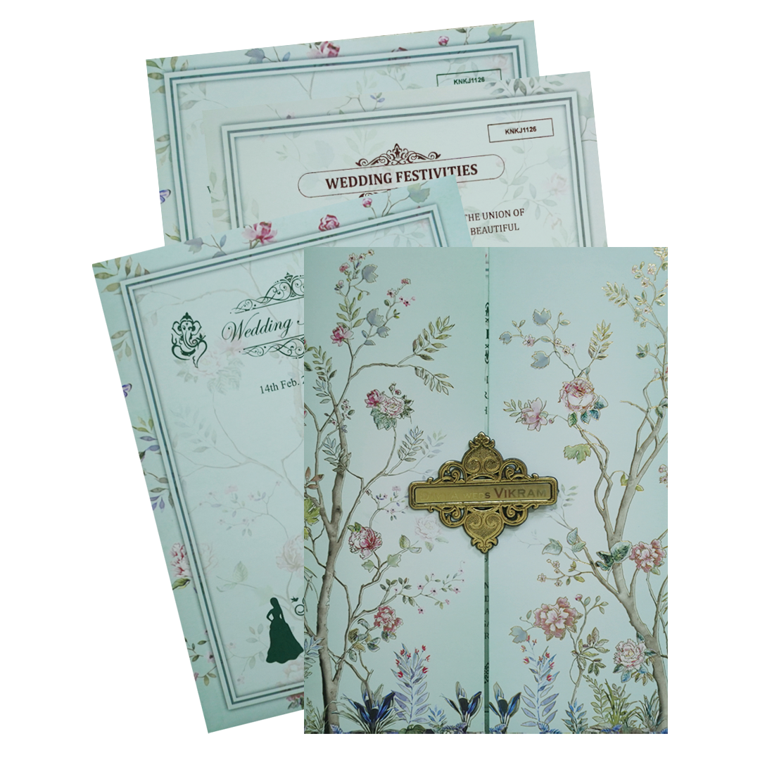 This blue floral design wedding card with nameplate and a ganesha sticker. The card has gold foiled floral designs with a folding insert and a envelope.