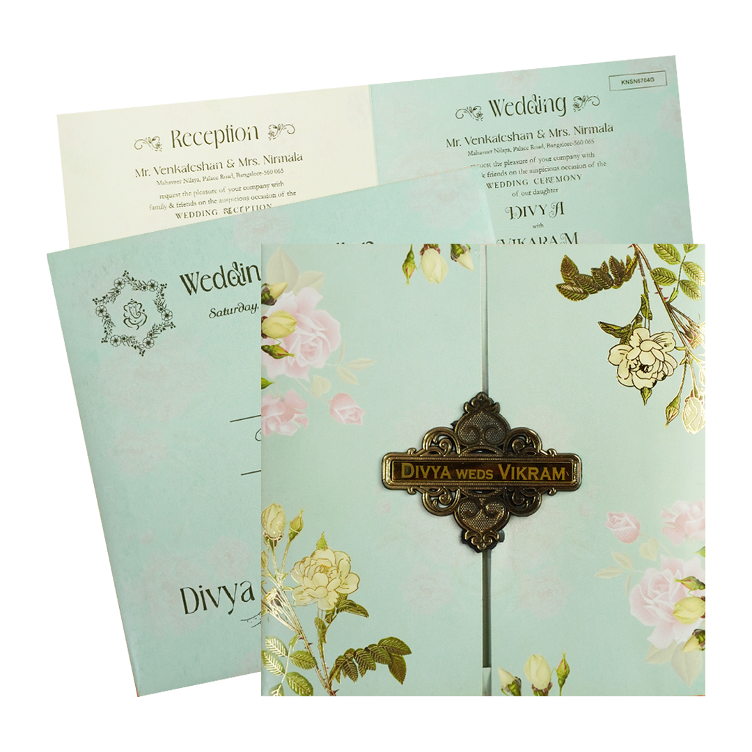 Mint Green Floral Door Wedding Card-KNSN6704G
