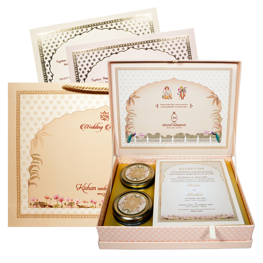 Check out Pink Radha Krishna Wedding Invitation Box at best price. ✅WhatsApp Support ✅Express Delivery. | King of Cards.